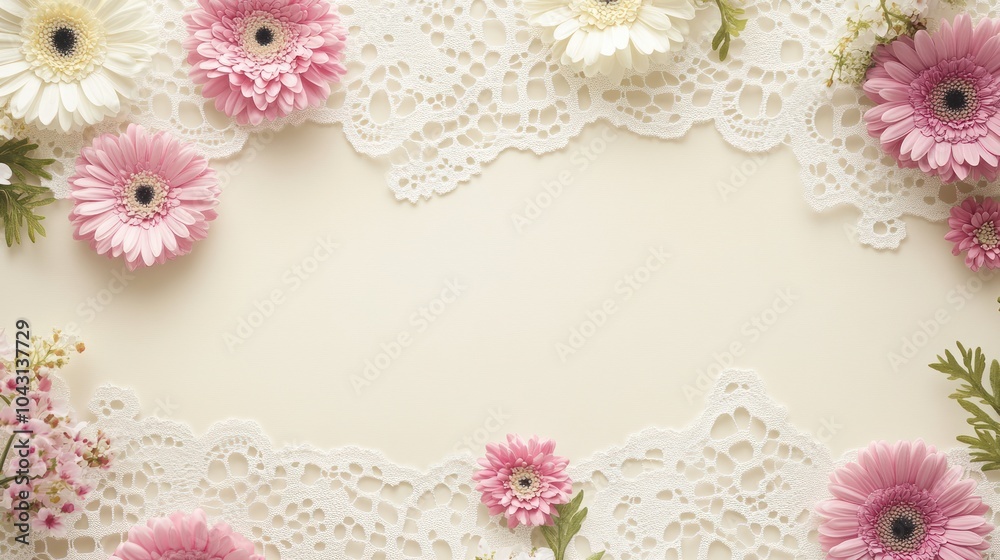 A delicate arrangement of flowers and lace creating a soft, inviting backdrop. A delicate arrangement of flowers and lace creating a soft, inviting backdrop.