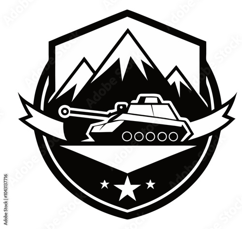 Vector illustration of a detailed logo-type military tank positioned on rugged terrain, featuring mountains, an Army  Armored Personnel Carrier outline, and a battle tank icon.