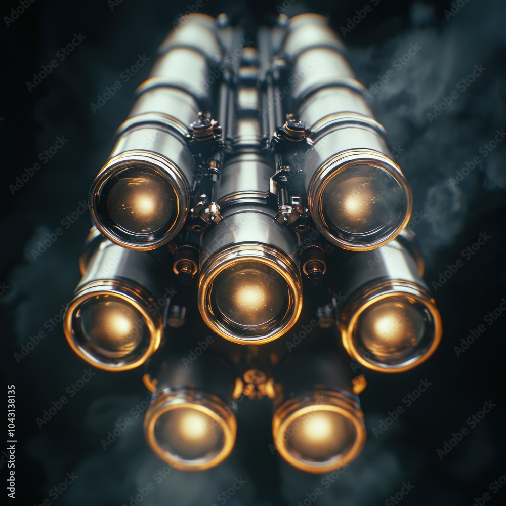 Naklejka premium Futuristic Rocket Engine with Glowing Lights and Smoke Effects in a Dark Environment