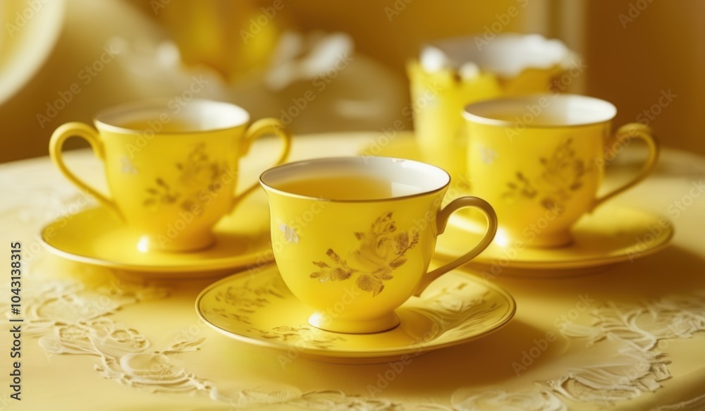 yellow cups and saucers are sitting on a table yellow cups and saucers are sitting on a table
