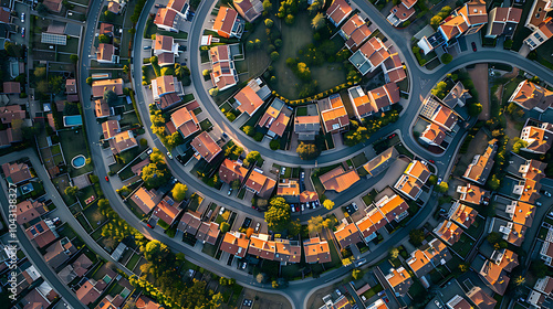 Top view of a beatiful planned city with round road. The image shows a residential area with many identical houses with orange roofs.