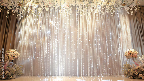 Elegant wedding reception hall with crystal beaded curtain backdrop and floral arrangements. photo