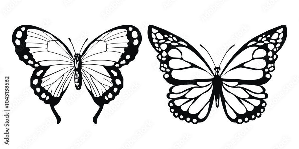 Obraz premium Funny black and white butterfly. Color flat vector of detailed butterflies. Cute characters. Card, postcards for kids. Silhouette icon