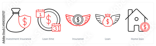 A set of 5 insurance icons as investment insurance, loan time, insurance