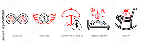 A set of 5 insurance icons as insurance, investment insurance, passive income