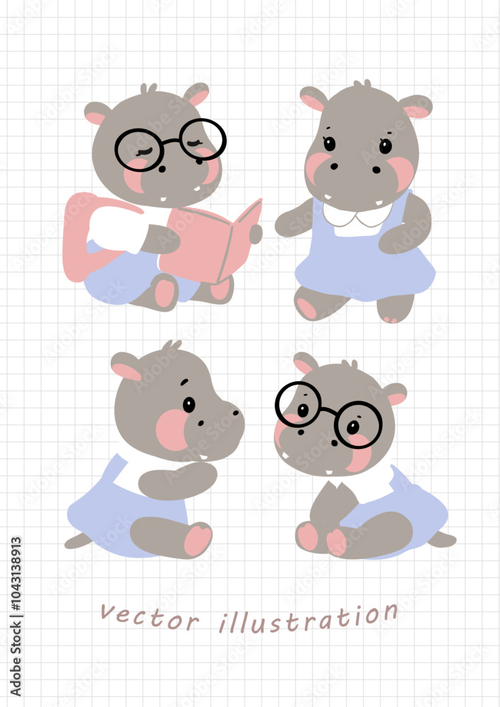 Obraz premium Set of adorable cartoon Pygmy hippos in various poses, including reading and sitting. Perfect for children’s designs, educational materials, and playful artwork