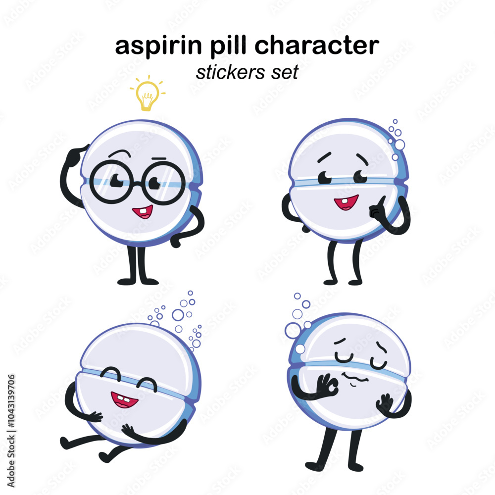 Fototapeta premium Aspirin Pill Character Stickers Set
