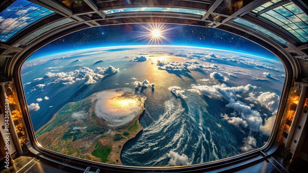 A glimpse of the planet through a curved window revealing a sun-drenched horizon, clouds casting shadows on the ocean's surface, and a hint of the vastness of space beyond A glimpse of the planet through a curved window revealing a sun-drenched horizon, clouds casting shadows on the ocean's surface, and a hint of the vastness of space beyond
