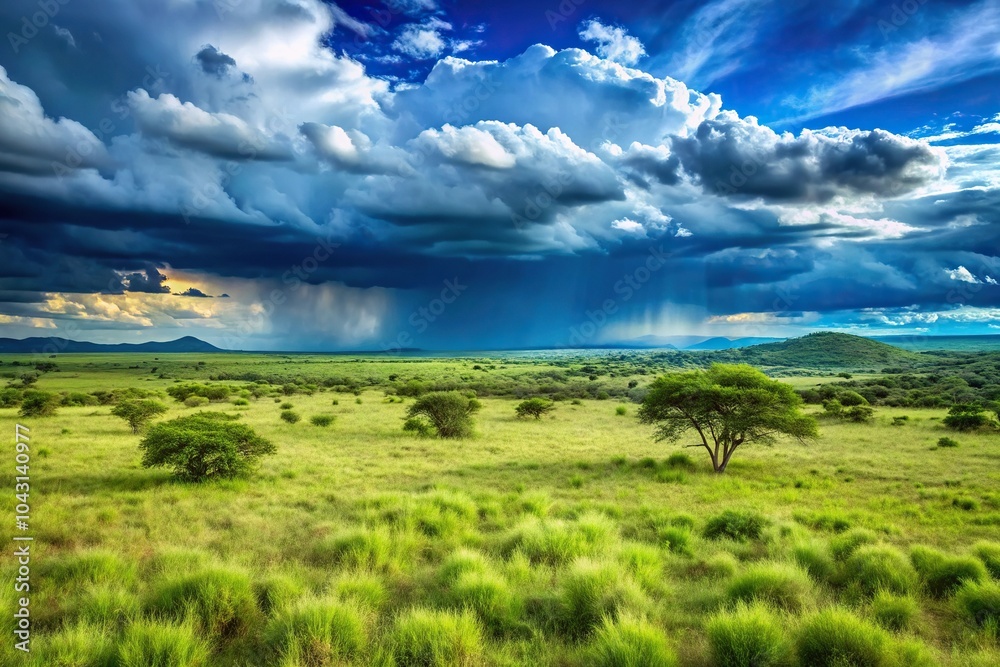 Obraz premium Green South African Eastern Cape bushveld grass veld landscape with blue rain clouds