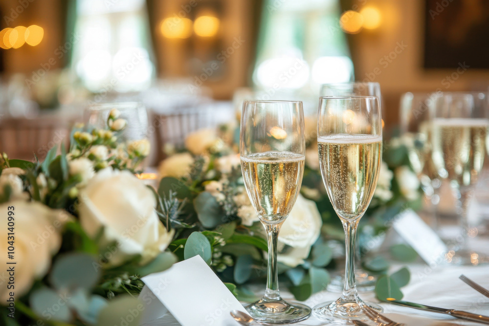 Two champagne glasses with a green garland of flowers in between them Two champagne glasses with a green garland of flowers in between them