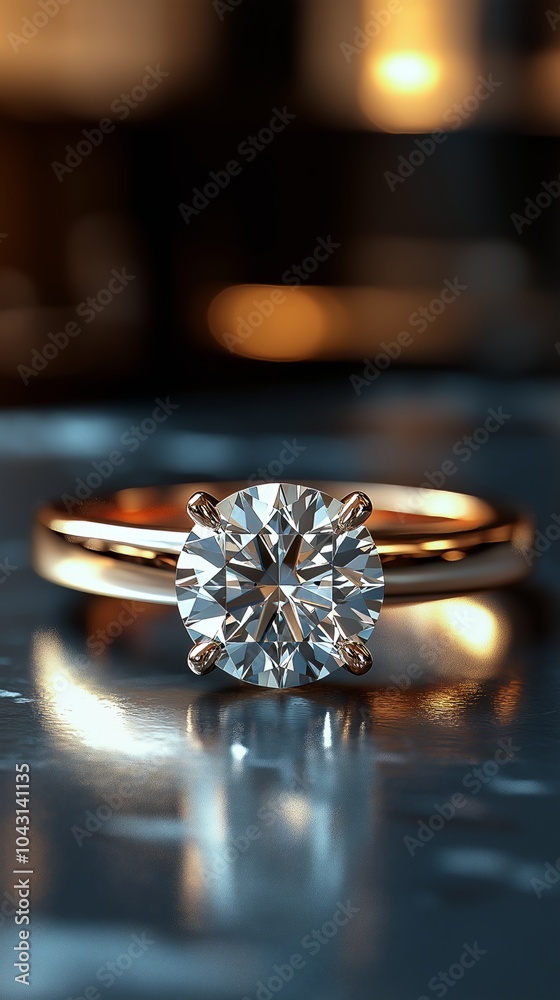 A round diamond solitaire ring in rose gold reflecting light on glossy surface radiating brilliance A round diamond solitaire ring in rose gold reflecting light on glossy surface radiating brilliance