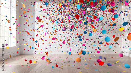 Colorful confetti falling from the ceiling and covering the floor. photo