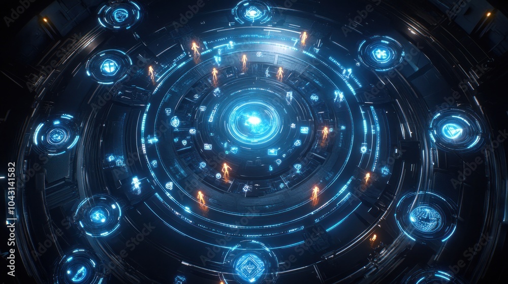 Obraz premium A futuristic circular interface with glowing symbols and lights, suggesting advanced technology.