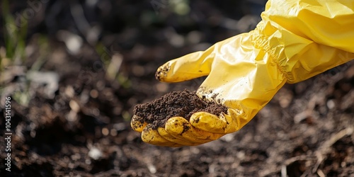 Minimalist image of a protective glove holding contaminated soil in natural outdoor light photo