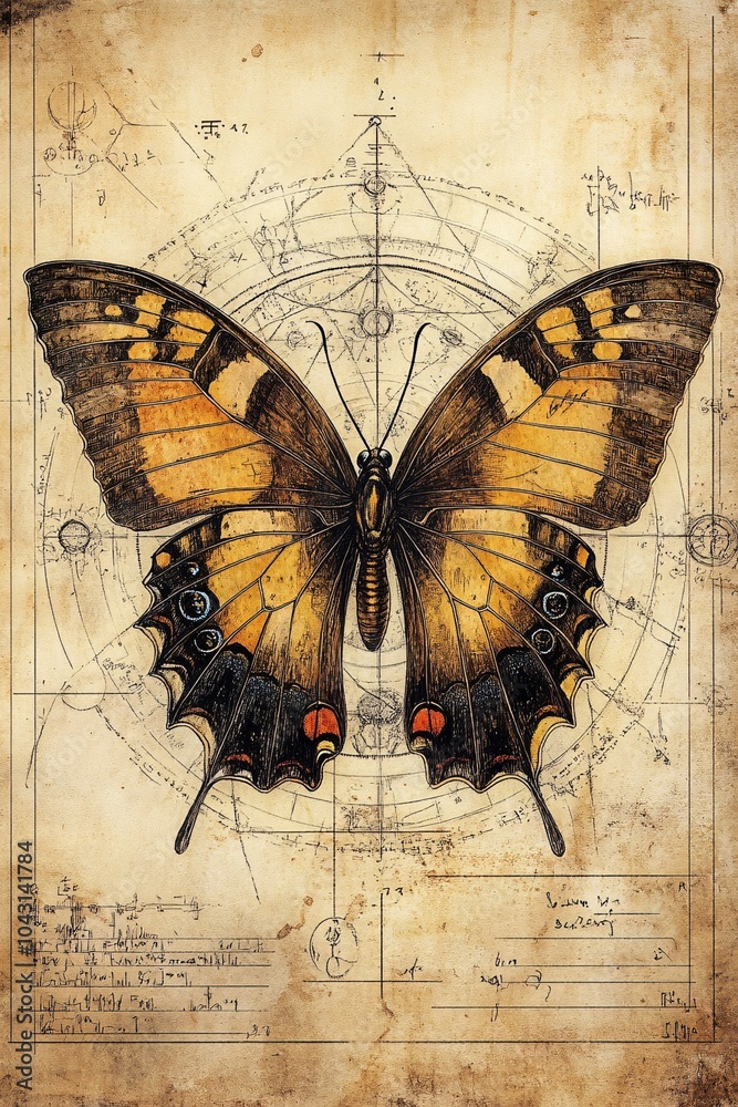 Intricate butterfly illustration with geometric background and scientific annotations merging art and nature in a unique design