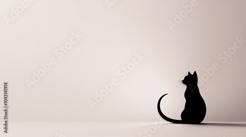 A minimal silhouette of a black cat is positioned elegantly beneath a crescent moon set against a simple uncluttered background that features clear space on the right side