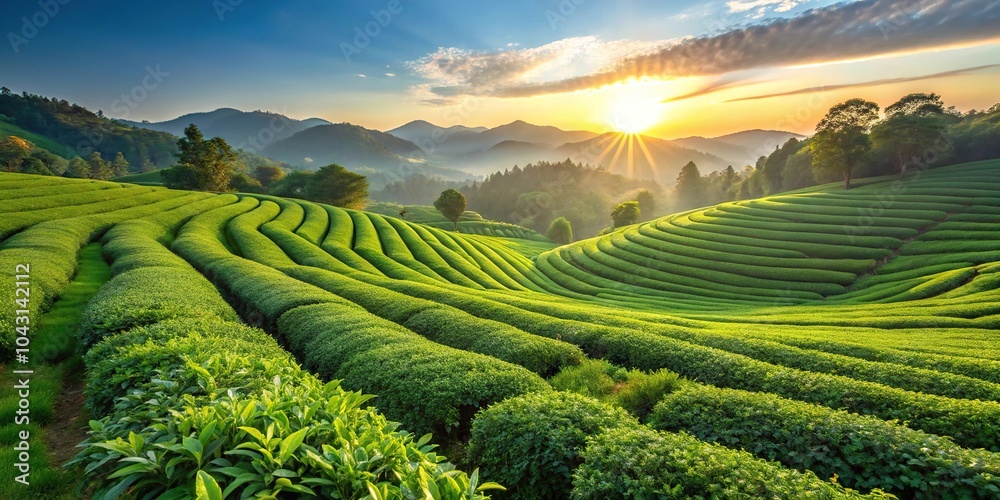Green tea field and plantation with morning sunlight Green tea field and plantation with morning sunlight