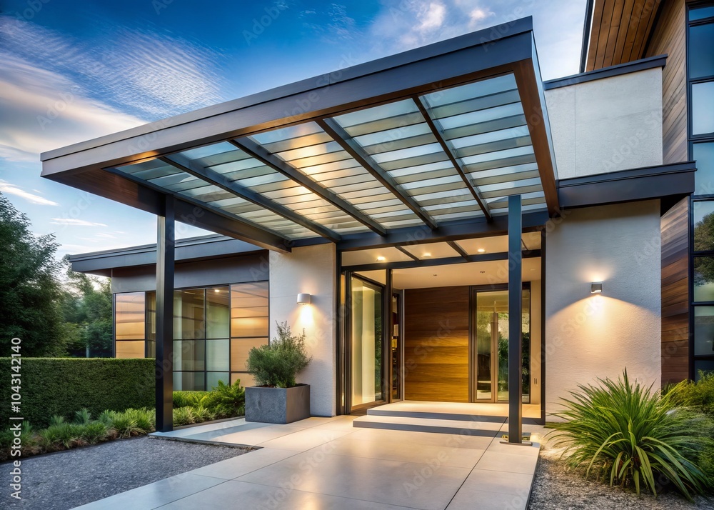 Obraz premium Elegant Glass Canopy Over Front Door - Modern Architecture, Home Entryway, Stylish Design, Outdoor Shelter, Clear Glass, Contemporary Look, Residential Facade, Entrance Covering, Weather Protection