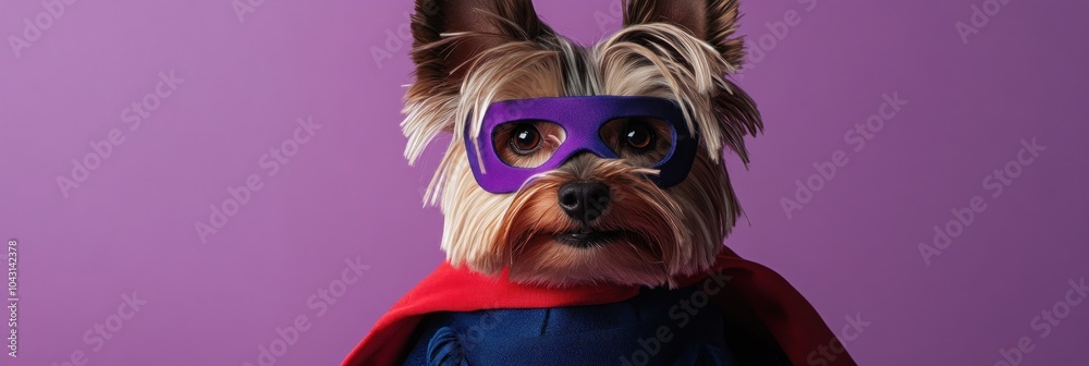 A dog dressed as a superhero with a cape and mask against a purple background. A dog dressed as a superhero with a cape and mask against a purple background.