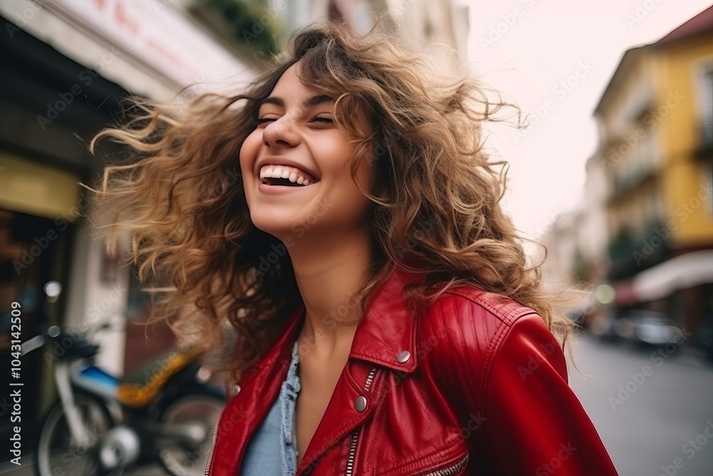 Portrait of beautiful young woman with curly hair in the city. Portrait of beautiful young woman with curly hair in the city.