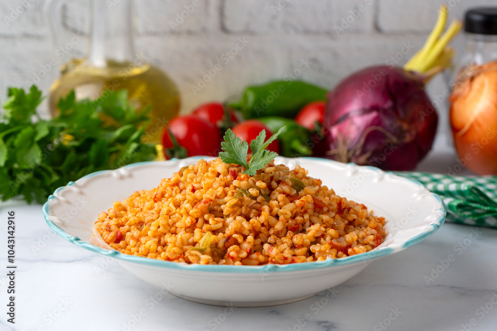 Traditional turkish bulgur pilaf with tomato sause in plate (Turkish name; meyhane pilavi)