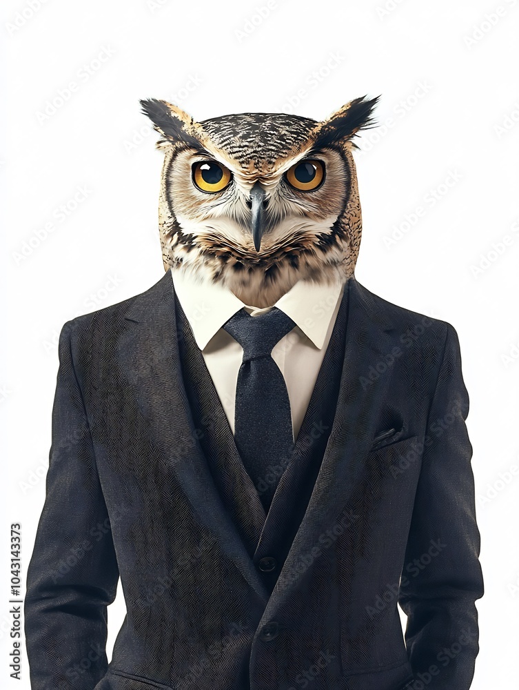 Owl in a classic three-piece suit on a white background. Owl in a classic three-piece suit on a white background.