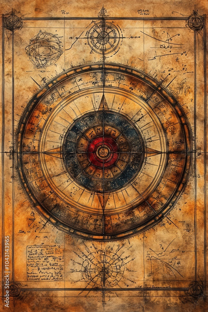 Intricate ancient compass design with geometric patterns and mathematical annotations on aged parchment background Intricate ancient compass design with geometric patterns and mathematical annotations on aged parchment background
