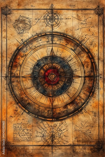 Intricate ancient compass design with geometric patterns and mathematical annotations on aged parchment background