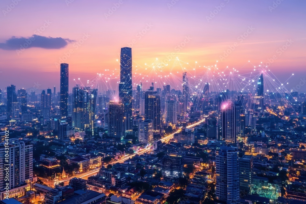 Fototapeta premium Cityscape at dusk with glowing network connections.