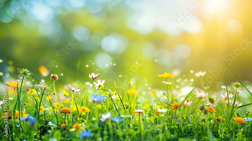 A beautiful shot of a lush green field of flowers. The flowers are in full bloom and the sun is shining brightly.