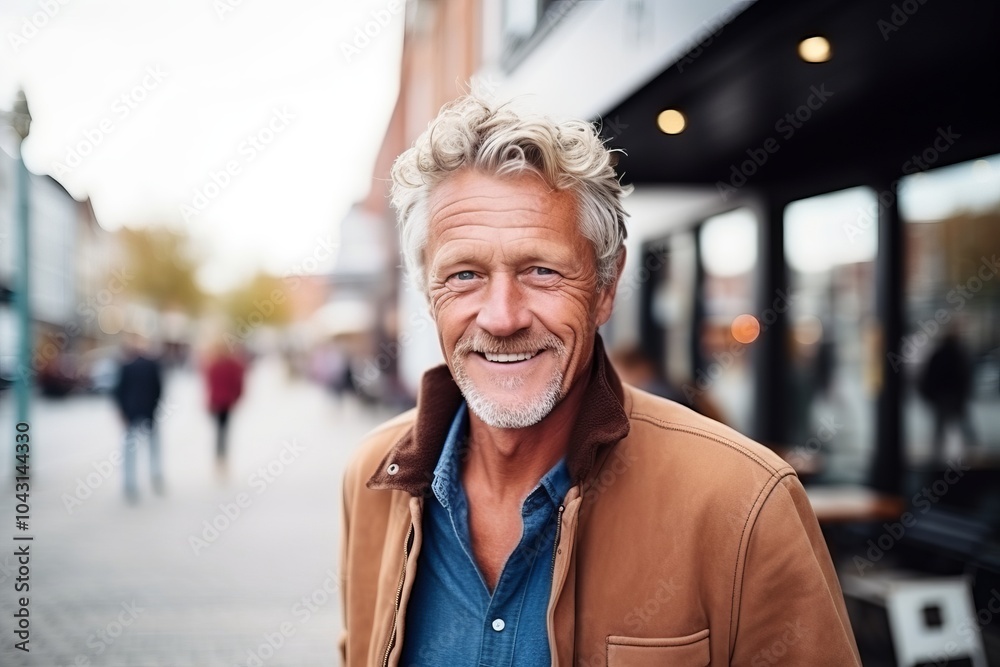 Portrait of a handsome senior man smiling at the camera while walking in the city. Portrait of a handsome senior man smiling at the camera while walking in the city.