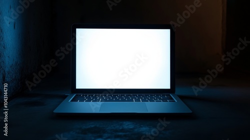 Obraz na płótnie Laptop with a blank white screen in a dark room with blue and orange lighting. w salonie