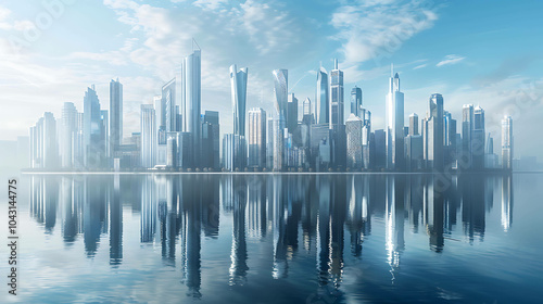 A stunning view of a futuristic city with skyscrapers and a beautiful waterfront.