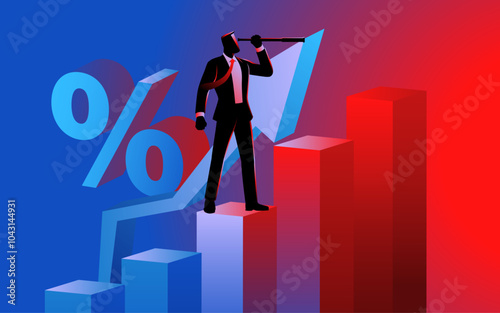 Businessman standing on a rising graph chart, using a telescope to symbolize vision, growth, and future success. Represents strategic planning, market analysis, and achieving goals