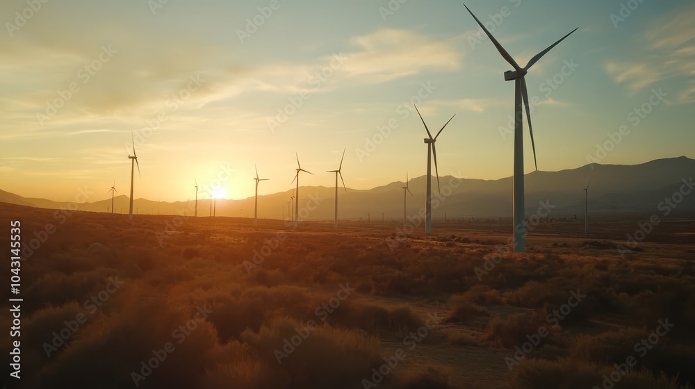 Obraz premium Wind Power at Sunset: A majestic row of wind turbines stand tall against a backdrop of golden sunset, symbolizing a sustainable future and clean energy.