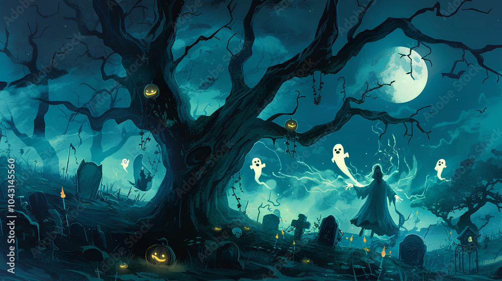 Fototapeta premium Glow-in-the-dark Boo with floating ghosts, eerie moonlit night
