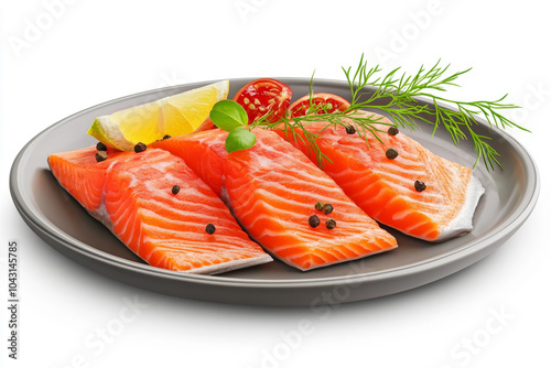  plate with fresh salmon fillets, isolated on a white background