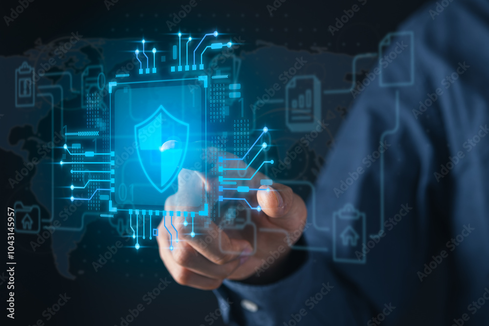 Businessman holding cyber security icons screen. Digital information technology and cyber security concept. Businessman holding cyber security icons screen. Digital information technology and cyber security concept.