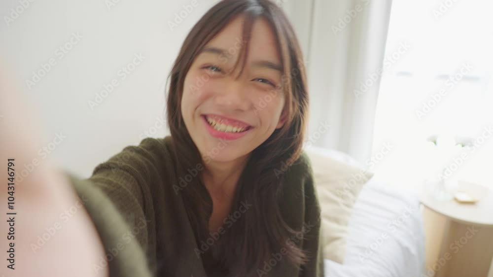 Asian young woman using mobile phone virtual video call remotely in house. Asian young woman using mobile phone virtual video call remotely in house.