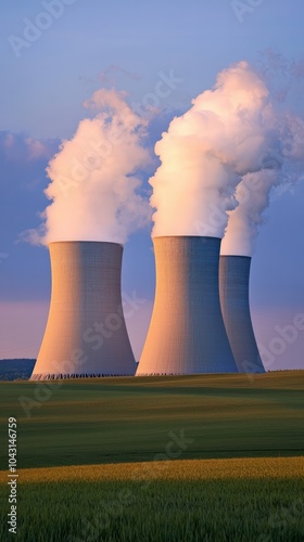 Powerful Nuclear Cooling Towers Against a Serene Sky at Dusk