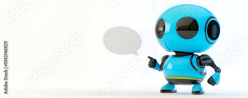 A small blue robot stands with an empty speech bubble above its head. The robot’s futuristic design, along with its big black eyes and glossy blue finish,