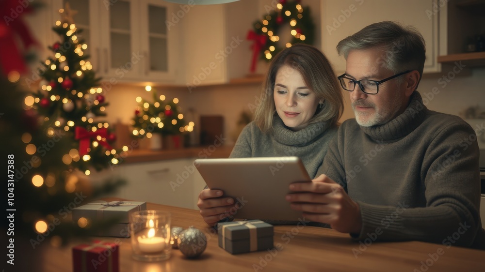 A man and woman are sitting at a table in a kitchen, looking at a tablet A man and woman are sitting at a table in a kitchen, looking at a tablet
