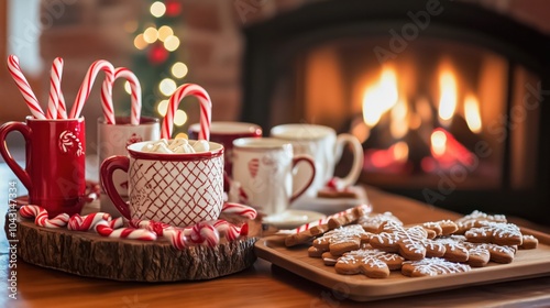A stylish hot chocolate setup on a kitchen counter, featuring holiday-themed mugs, chocolate chips, and mini marshmallows.