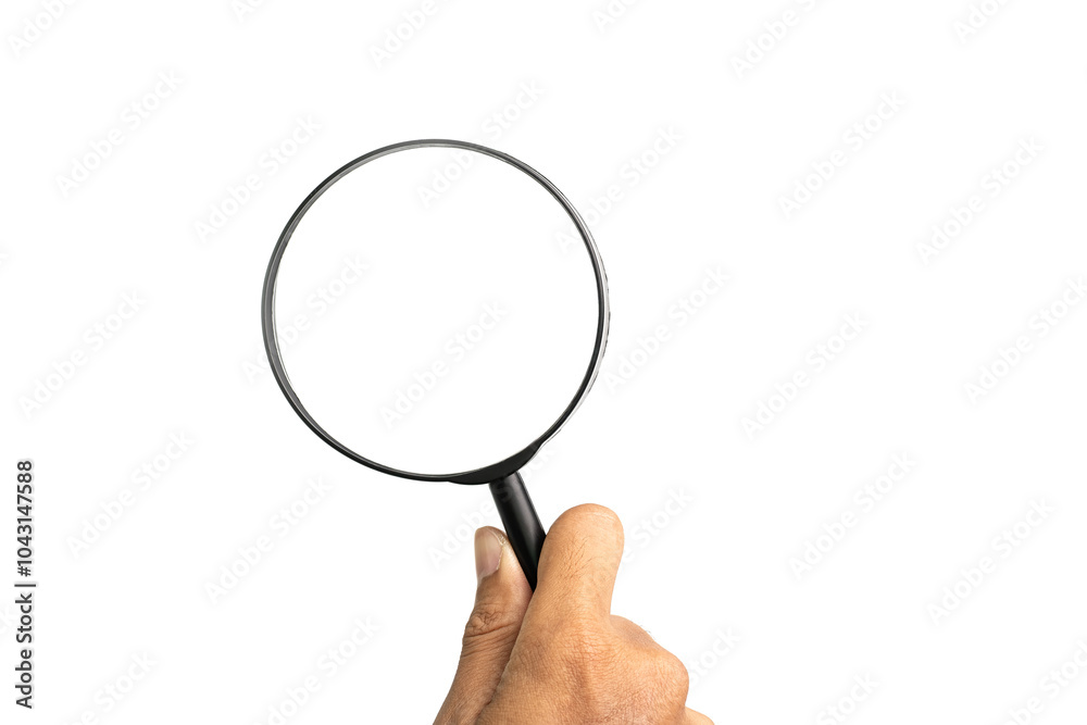 Hand holding magnifier tool isolated on white background. discover and research concept. Hand holding magnifier tool isolated on white background. discover and research concept.
