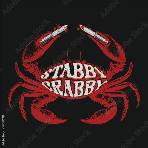 Seafood Crab t-shirt print, sea waves, fishing, vector grunge design. Seafood Crab Varsity Vector Graphic, Retro food graphics vintage tee print design, Crab vector artwork for apparel t-shirt graphic