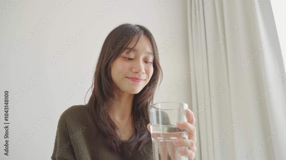 Asian young girl drinking a glass of clean water in bedroom. Asian young girl drinking a glass of clean water in bedroom.