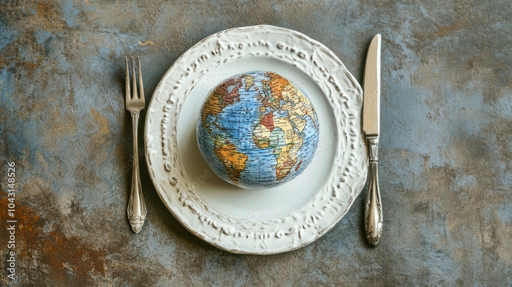 A detailed globe on a white ceramic plate with a silver fork and knife placed around it, symbolizing global food sustainability and access, ideal for World Food Day. A detailed globe on a white ceramic plate with a silver fork and knife placed around it, symbolizing global food sustainability and access, ideal for World Food Day.