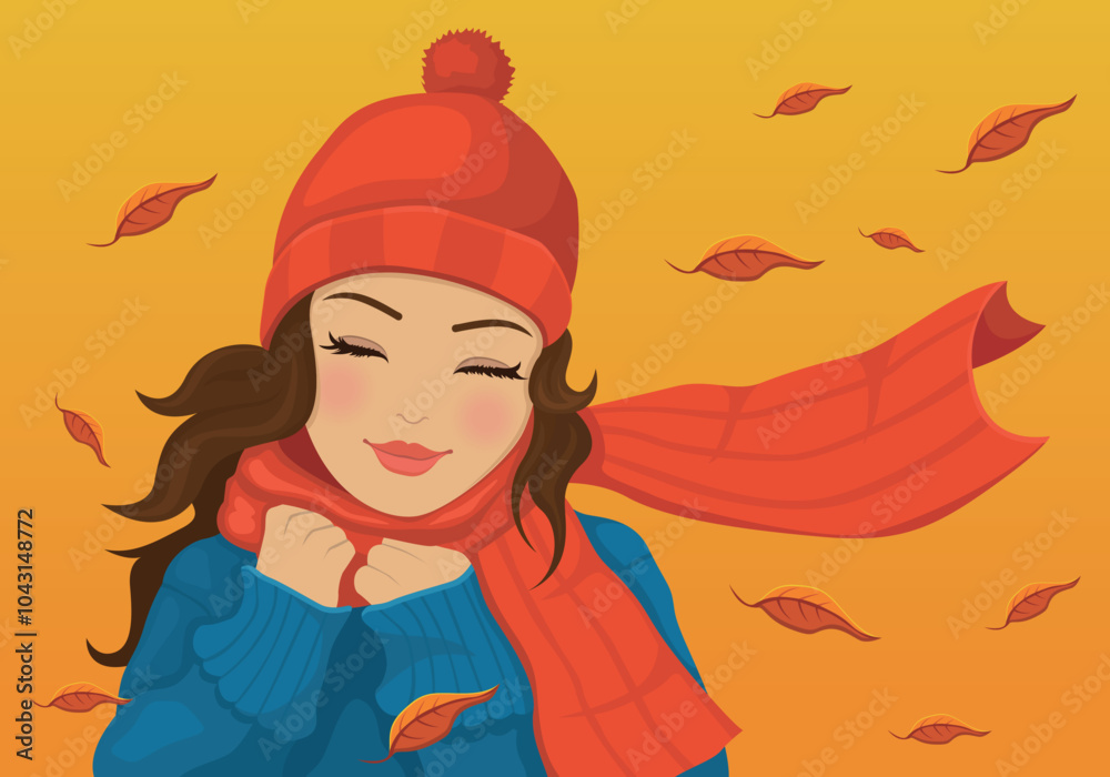 Happy girl with a scarf and flying autumn leaves. Happy girl with a scarf and flying autumn leaves.