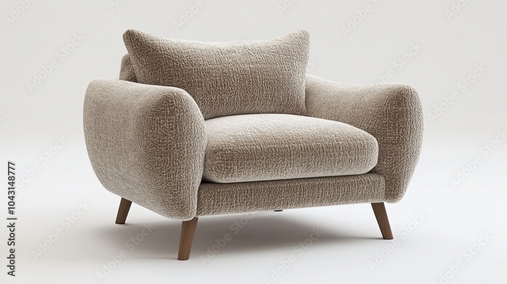 Plush Beige Armchair with Wooden Legs on a White Background Plush Beige Armchair with Wooden Legs on a White Background