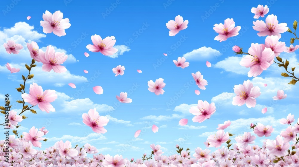 Pink Cherry Blossom Flowers Falling on Blue Sky with Clouds Background Pink Cherry Blossom Flowers Falling on Blue Sky with Clouds Background